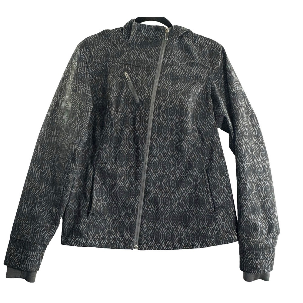 COLUMBIA Women Hooded Diamond Print Softshell Asym Zipper Jacket Sz M Gray 18-15